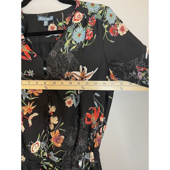 Fleur Bleue Floral Black Sinched Waist Dress Size 0 Mini Length with Butttons - Picture 8 of 9